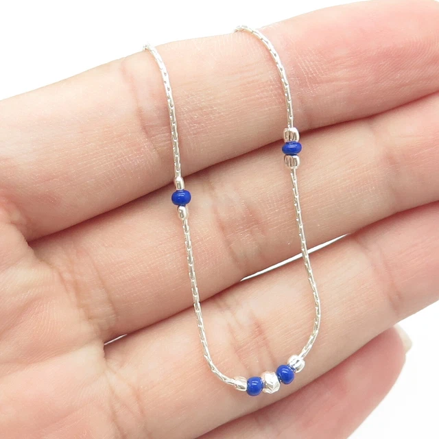 925 Sterling Silver Italy Real Lapis Lazuli Station Liquid Chain Necklace 16"