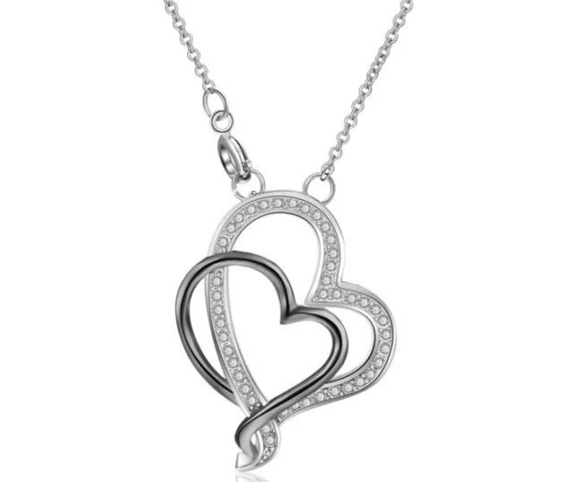 Women Two-Tone White Gold Plated Double Heart CZ Pendant Necklace Gift S14