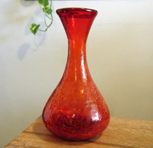Vintage 7.5" Blenko Hand Blown Art Glass Tangerine Crackle Amberina Vase