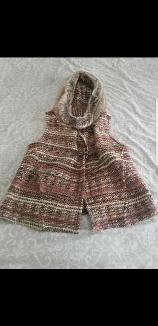 Manteau D'hiver Zara Tricoté Laine Avec Capuche Fourrure - Multicolore Taille XS - Porté Une Fois - Occasion TB état