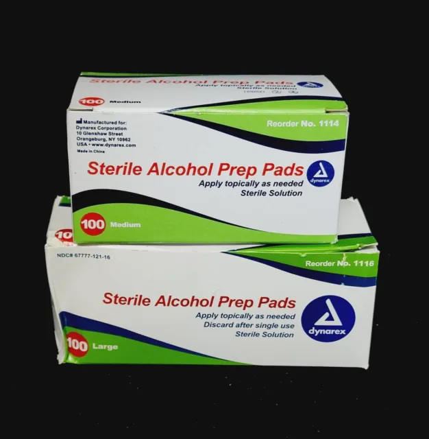 Dynarex Sterile Alcohol 70% Prep Pads - Medium 100-Piece + Large 100-Piece *READ