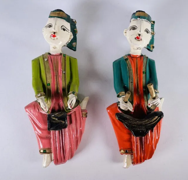 Burmese Painted Hand-Carved Wooden Temple Musician 10 inch Figurines Set of 2