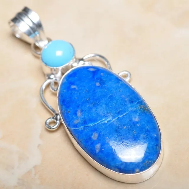 Handmade Pyrite Lapis Lazuli Jasper 925 Sterling Silver 2.25" Pendant #P10686