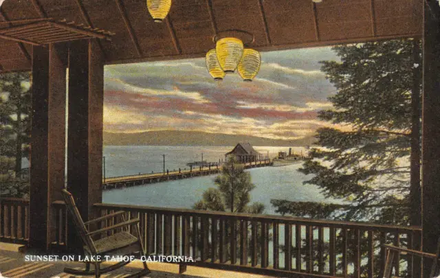 LAKE TAHOE Sunset Scene, Porch & Boat Dock California ca 1910s Vintage Postcard