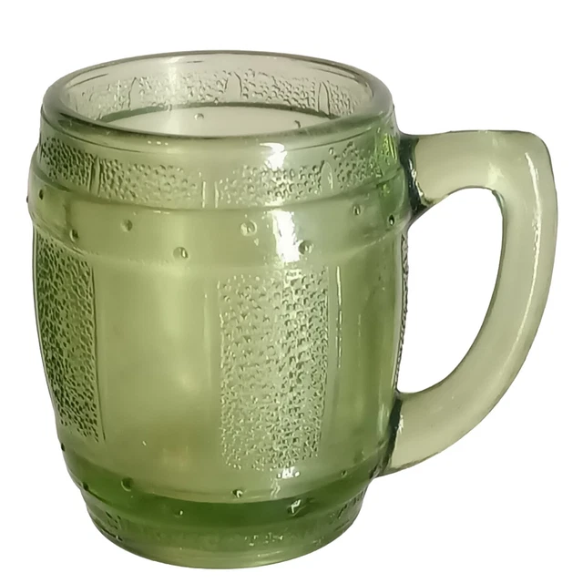 VINTAGE GREEN GLASS Barrel Shot Glass Mug With Handle Toothpick Holder