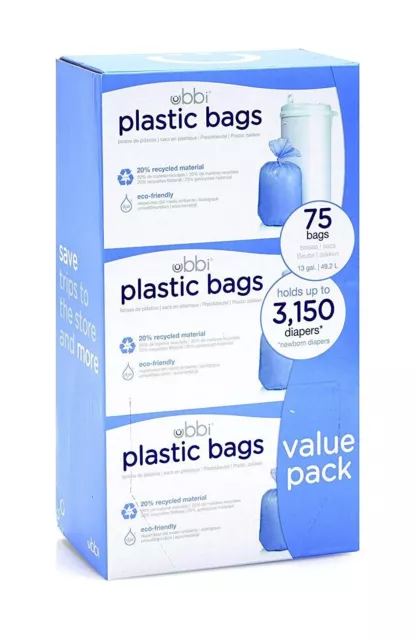 Ubbi Diaper Pail Bags Ubbi Plastic Bags, 75 - Pack, 3 - Count NEW