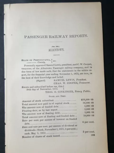 1873 RR paper Allentown Passanger Railway horse drawn trolley Pennsylvania