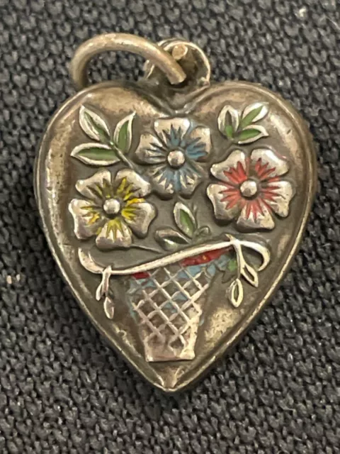 Vtg Antique Sterling Silver Puffy Heart Charm RARE ENAMEL YELLOW BLUE RED FLOWER