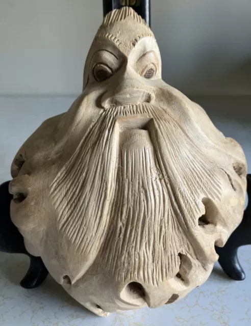 Hand Carved Wooden Ancient Bearded Face Man Figure Hanging Gnarled Wood Carving