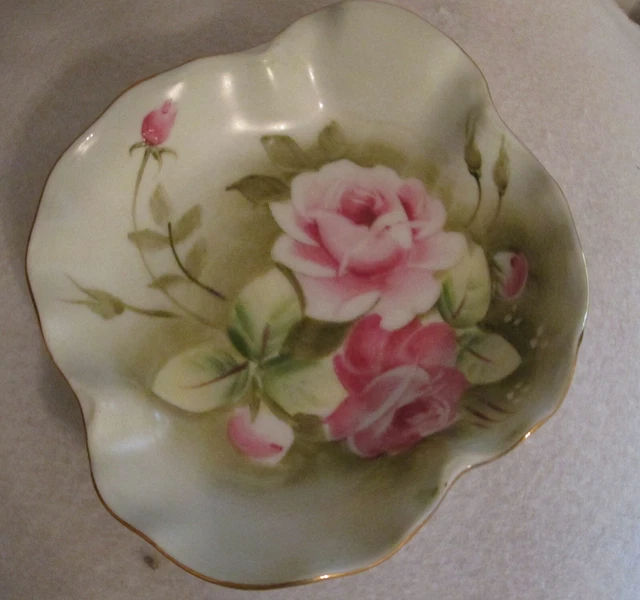 VINTAGE LEFTON CHINA Green Heritage Cabbage Rose Candy Nut Trinket Dish