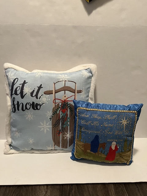 Lot Of 2 Christmas Winter Tapestry Throw Pillow Let is Snow Mary Jesus Scripture