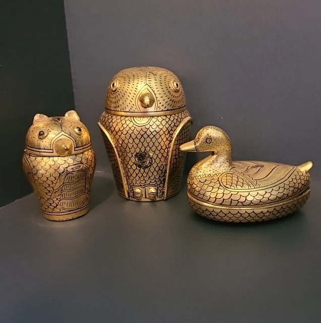Vintage BURMESE Golden Owl Lacquer Trinket Boxes Set of 2 BONUS DUCK THAILAND