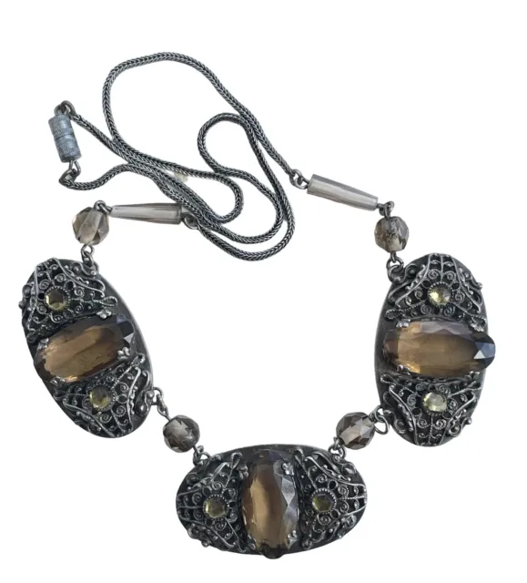 Art Deco Czech Filigree Necklace Smokey Quartz & Citrine Colour Glass