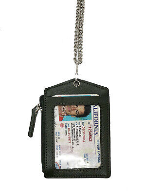 Genuine Leather Id Badge Holder Zippered Lanyard Metal Neck Chain Card Holder