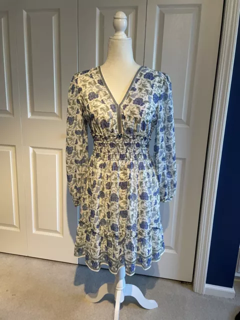 Women's MAX STUDIO Stretch White Blue Floral Smocked Waist Dress Size Small, NWT