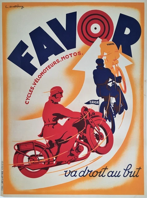 Original Large 1930s French Art Deco Favor Cycling & Motorcycle Poster