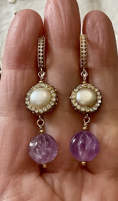 Boucles D'oreilles Anciennes En Perles Baroques Et Saphir - Plaqué Or - Occasion