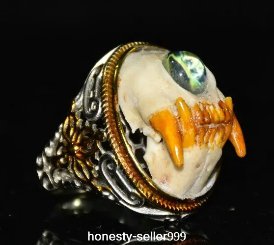 Old Dynasty Silver Gilt Inlay Gems Mink Beast Head Finger Ring Jewellery Statue