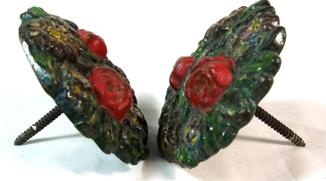 Antique Pair Heavy Cast Iron Victorian Flower Curtain Tie Backs 3" Dia. Hardware 3