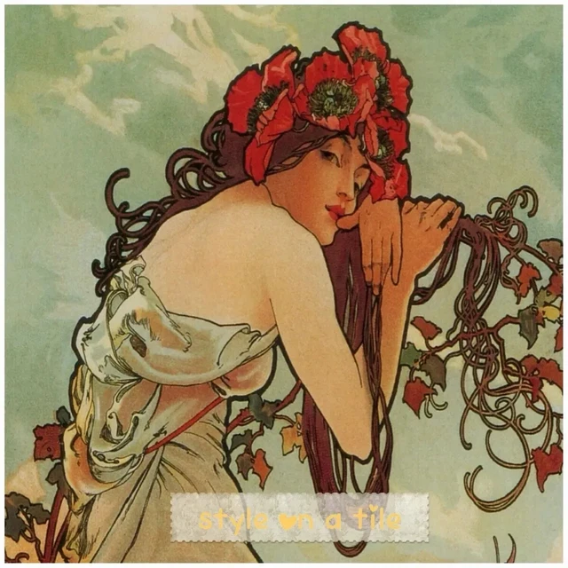 Jugendstil Alphonse Mucha Four Seasons Sommer Dame 9 cm quadratisch Untersetzer Matte Auflage