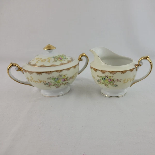 Floral Creamer Lidded Sugar Set Meito Dalton Bowl Lot 3 HP Gold China Japan Vtg