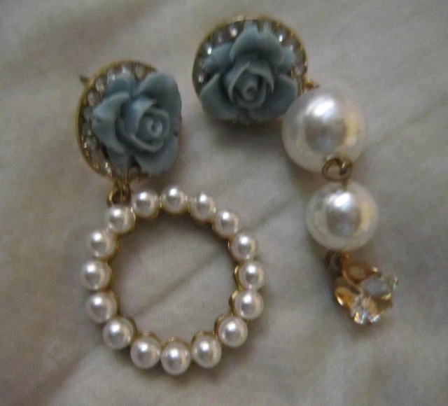 Betsey Johnson  Rhinestone Pearl Blue Flower Drop Earrings
