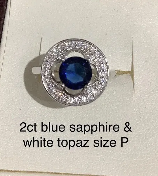 Solid Sterling Silver 925 2ct Blue Sapphire White Topaz Ring Size P New
