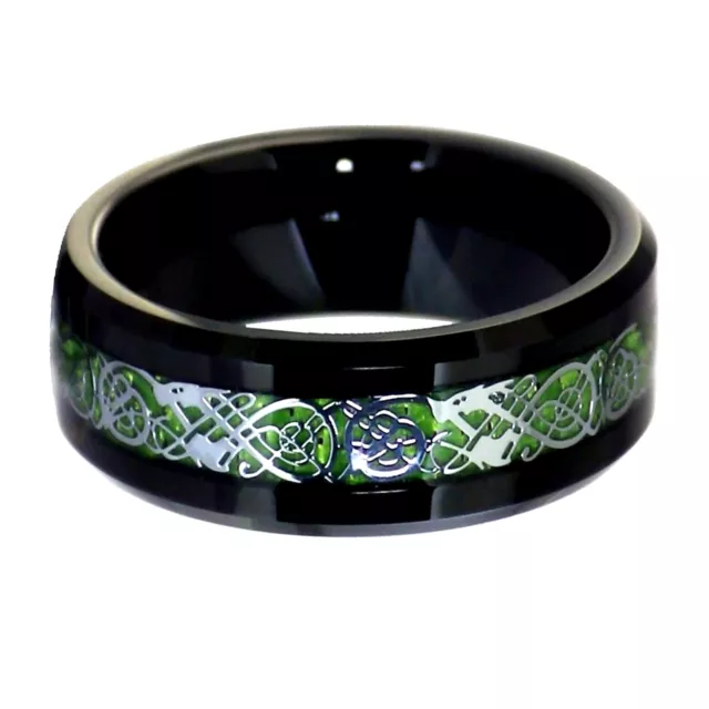 Black Tungsten Green Celtic Dragon Ring Mens Womens 8mm Wedding Band Sizes 6-15