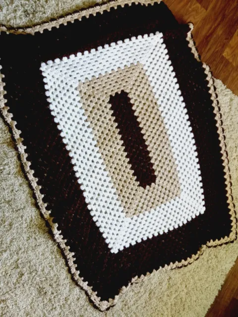 Vintage Hand Made Crochet Knitted Brown White Tan Afghan Blanket Throw 55”x40”