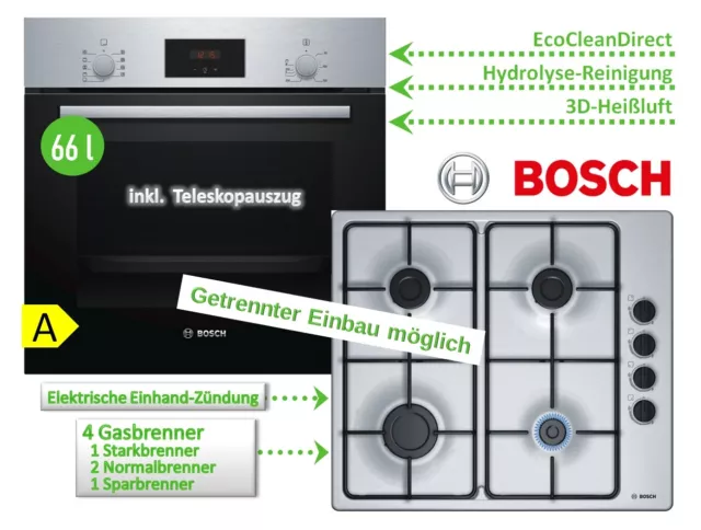 BOSCH Gasherd Herdset Einbauherd Autark Backofen 3D Heißluft + GAS Kochfeld 60cm