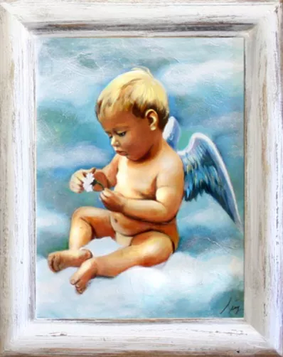 Ángel 47x37 Pintura Al Óleo Pintado a Mano Lienzo Marco Firmado Arte Imagen