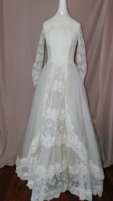 Vintage Wedding Dress 8 Off White Tier Lace High Neck Long Cuff Sl Victorian