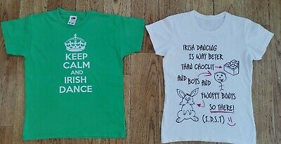 🍀2 x Girl's IRISH DANCE Slogan T-shirts Green White Age 9, 10, 11 Yrs🍀