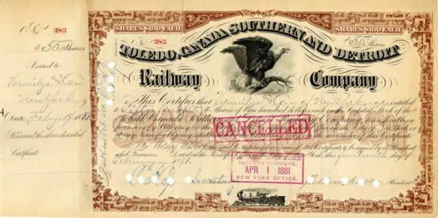 Toledo, Canada Southern and Detroit Railway Co. - Stock Certificate - Railroad S