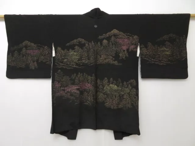 1317T07z590 Vintage Japanese Kimono Silk HAORI Black Temples