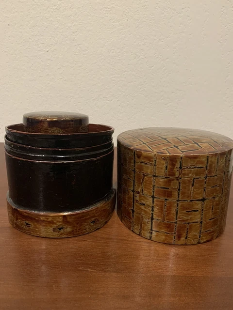 Antique BURMESE Lacquer Round Wood Betel Nut Box Container With Four Compartment 11