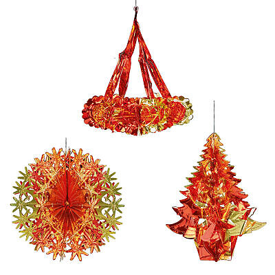 Decoraciones de techo de papel de aluminio rojo/dorado de Navidad de 2 tonos - conjunto de candelabros bola de árbol