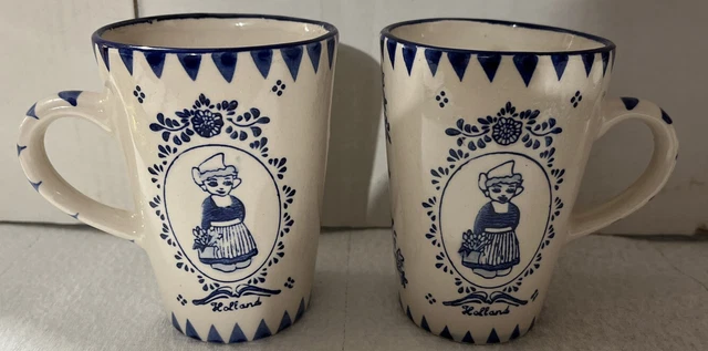 Vintage Delft Blue Dutch Girl Hand painted Holland Coffee Mug Set Nice