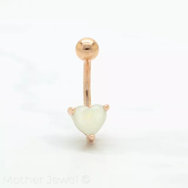 Heart White Glitter Opal 14K Rose Gold Ip Surgical Steel Belly Navel Ring 3