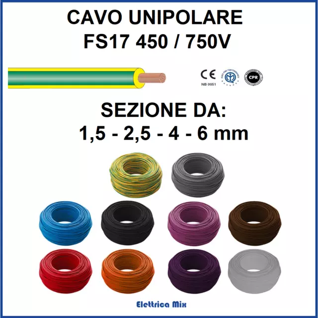 cavo unipolare 1.5 2.5 4 6 mm mmq matassa cordina filo elettrico fs17 cpr 100m ^