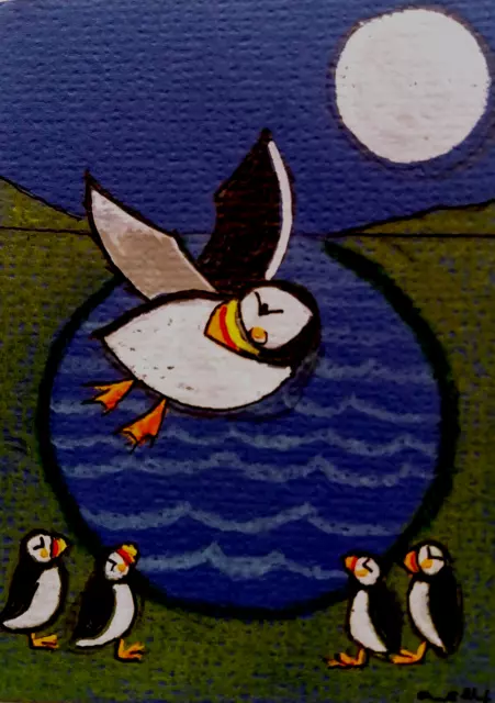 ACEO original bird painting 'Puffins-Night Flight' by AlisonE