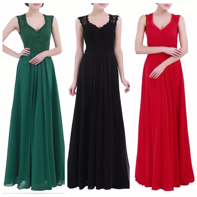 Women Long Chiffon Evening Formal Party Cocktail Bridesmaid Prom Gown Lace Dress