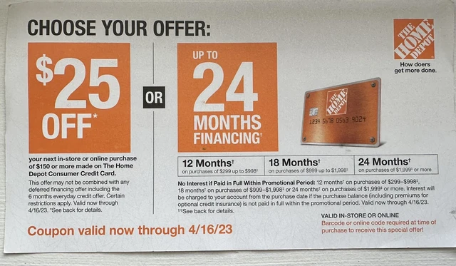 Home Depot Coupon - $25 Off $150 Or 24 Months Financing- Store & Online Exp 4/16