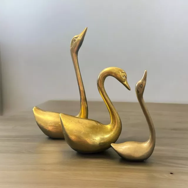 Vintage Set of 3 Mid Century Modern Solid Brass Swan Figurines 4”, 4” And 5.5”