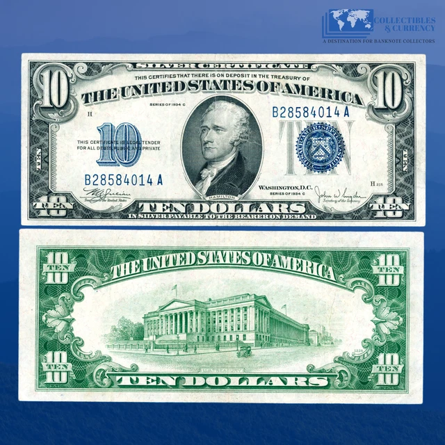 1934C $10 Ten Dollars Silver Certificate Blue Seal, VF+ #84014