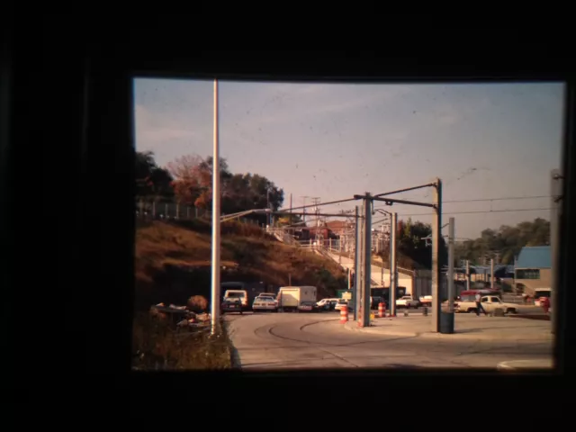 QQX14 BUS, STREETCAR, SUBWAY TROLLY 35MM slide TROLLY WIRES AND BUSY ST SEP 1966