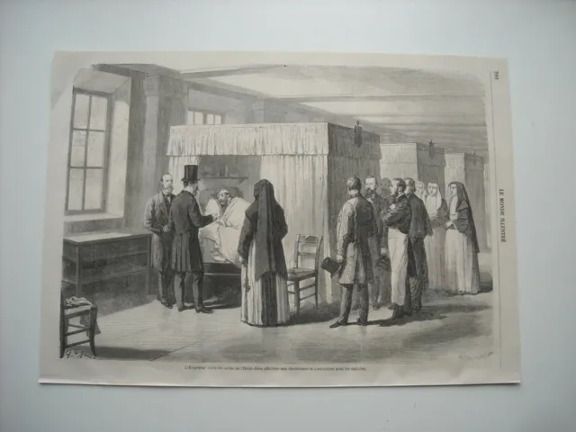 Gravure 1865. L’empereur Visite Salles De L’hotel-Dieu Affectes Aux Choleriques.