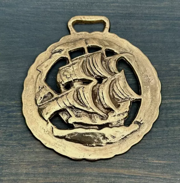 Vintage Brass Horse Medal Medallion Sea Ship Sail Boat Large 4.5" x 5"