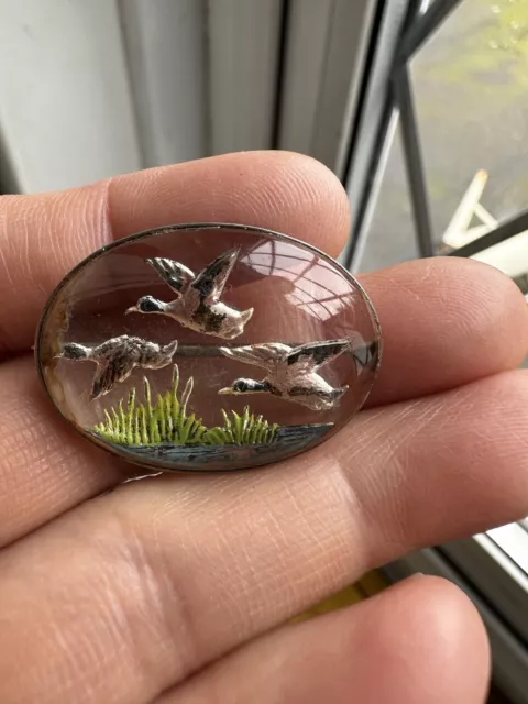 Vintage WBs Mark Silver Reverse Painting Pond Life Glass? Crystal?  Brooch