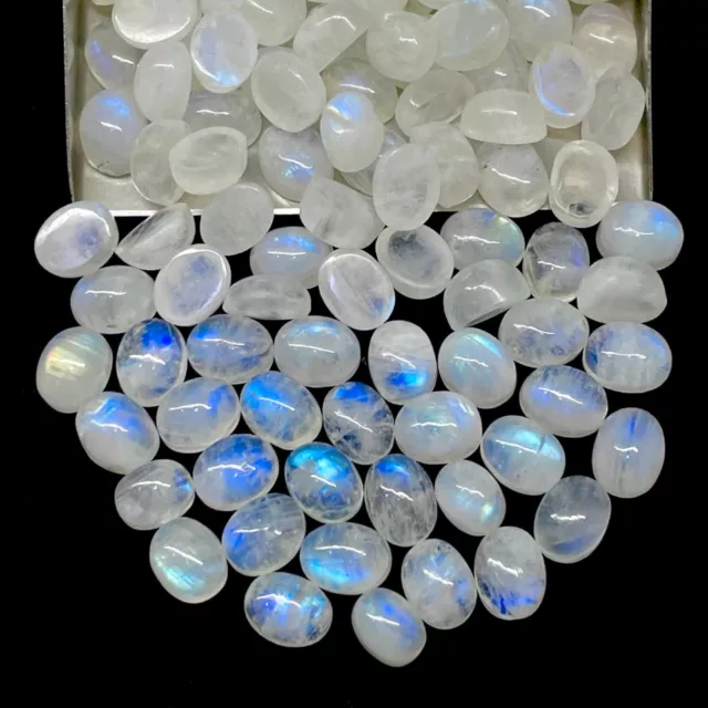 50 Pcs Natural Rainbow Moonstone 9x7mm Oval Cabochon Loose Gems Wholesale Lot